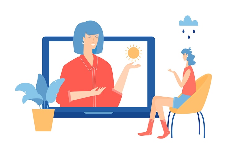 Vector concepto de psicoterapia online. mujer joven en cita con el psicólogo.