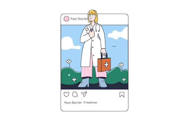 Concepto de publicación de Instagram del doctor con escena de personas en el diseño de dibujos animados planos El doctor se apresura