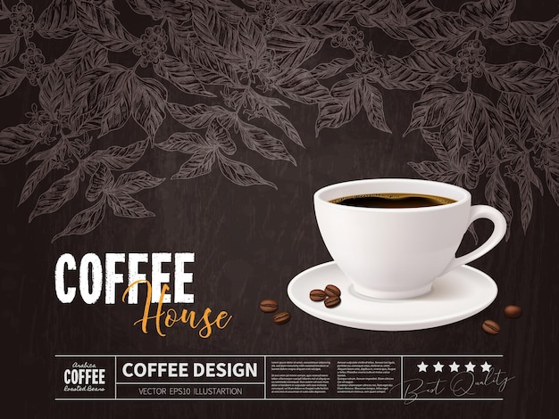 Vector concepto de publicidad de café con taza de bebida en dibujos de ramas de árboles de café