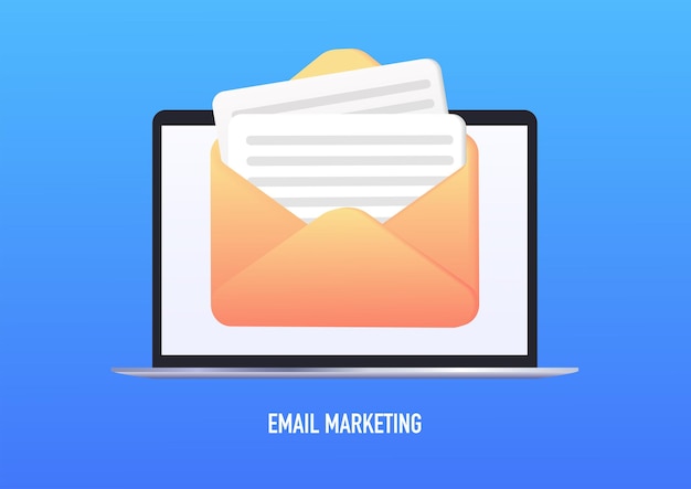 Concepto de publicidad en línea de marketing por correo electrónico laptop con sobre y leer correos electrónicos en la pantalla