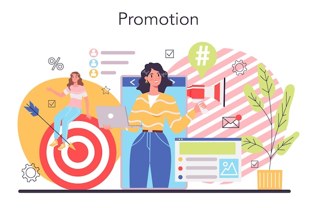 Concepto de publicidad de negocios en línea Publicidad comercial y comunicación con la idea del cliente Campaña de marketing de productos Ilustración de vector plano aislado