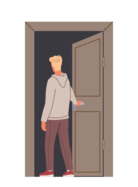 Concepto de puerta de apertura de personaje Hombre salir de casa u oficina Chico joven en ropa casual cerca de la puerta Salida y entrada Ilustración de vector plano de dibujos animados aislado sobre fondo blanco