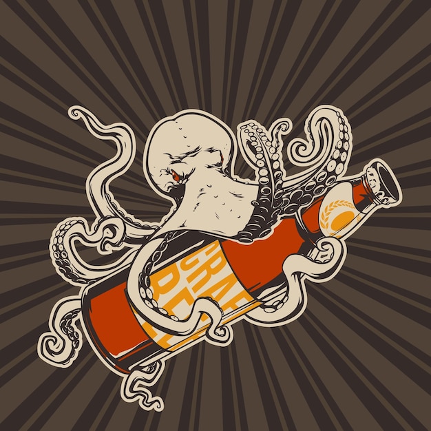 Concepto con pulpo sosteniendo cerveza artesanal en estilo handdraw para impresión y decoración ilustración vectorial