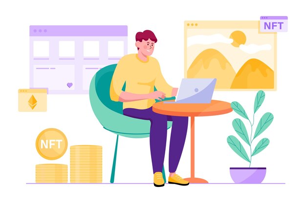 Concepto púrpura NFT con escena de personas en el diseño de dibujos animados planos El hombre digitaliza varias cosas