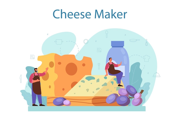 Vector concepto de queso. chef profesional haciendo bloque de queso. cocina con uniforme profesional, sosteniendo una rebanada de queso. producción de queso. ilustración de vector aislado
