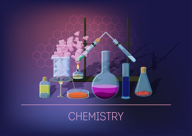 Vector concepto de química con equipo químico y cristalería, experimento de ejecución y reacciones químicas.