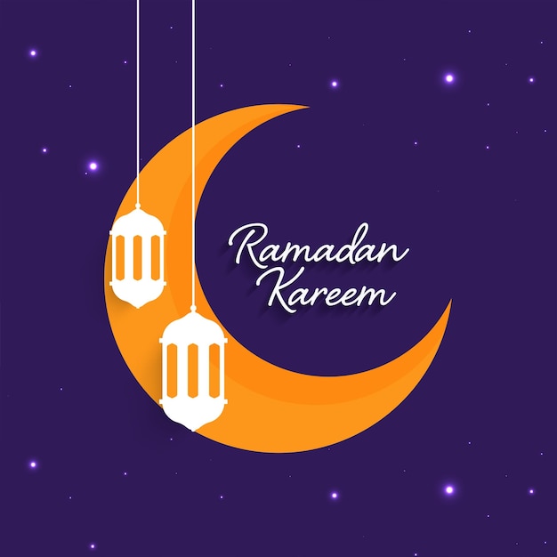 Concepto de ramadán kareem con luna creciente naranja colgando linternas árabes sobre fondo de efecto de luz púrpura