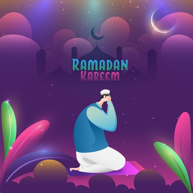 Concepto de Ramadán Kareem con vista lateral del hombre musulmán rezando