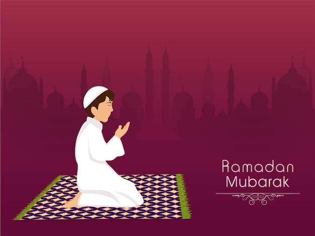 Concepto de Ramadán Mubarak con niño religioso musulmán rezando en la alfombra en el fondo de Claret de la mezquita de silueta