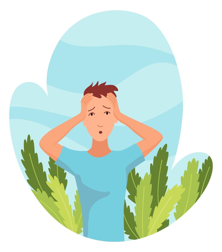 Vector concepto de reacciones alérgicas síntomas de enfermedad hombre con hipersensibilidad y reacción del sistema inmunológico en alguna hierba