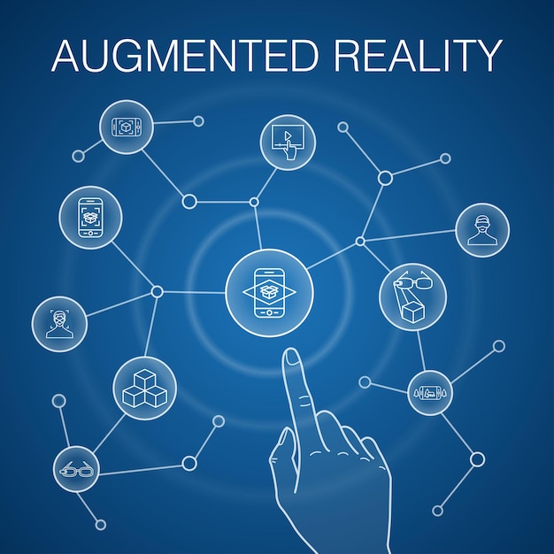 Concepto de realidad aumentada, fondo azul. Reconocimiento facial, aplicación AR, juego AR, íconos de realidad virtual