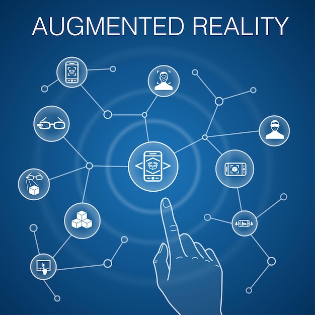 Concepto de realidad aumentada fondo azul reconocimiento facial aplicación ar juego ar iconos de realidad virtual