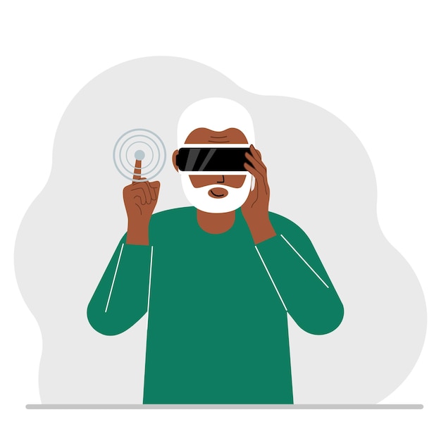 El concepto de realidad aumentada o extendida. Hombre con gafas 3D o casco de realidad virtual. Ilustración plana vectorial