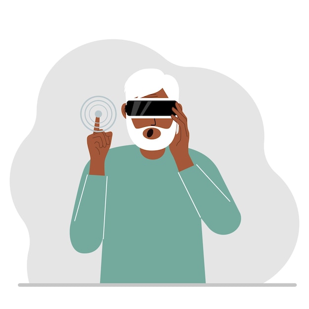 El concepto de realidad aumentada o extendida. Hombre con gafas 3D o casco de realidad virtual.