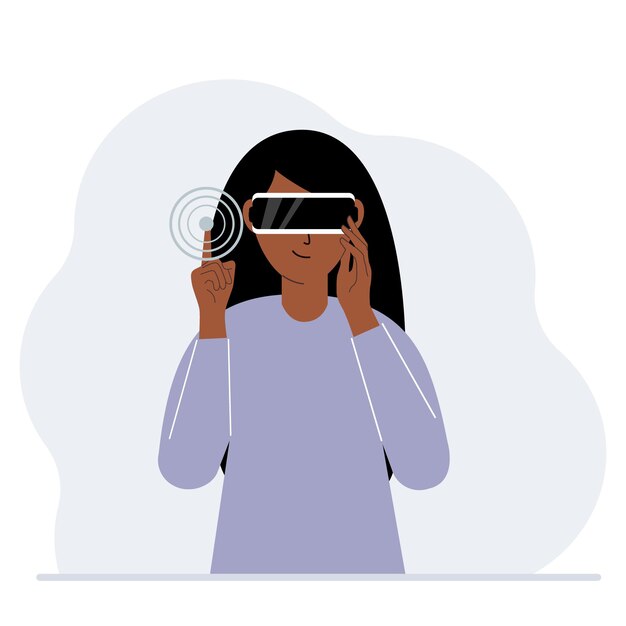 El concepto de realidad aumentada o extendida. Mujer con gafas 3D o casco de realidad virtual. Ilustración plana vectorial
