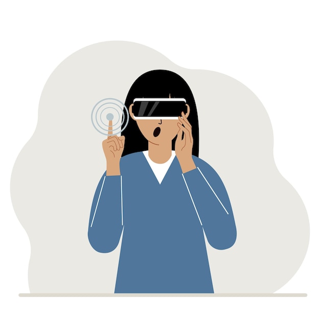 El concepto de realidad aumentada o extendida. Mujer con gafas 3D o casco de realidad virtual. Ilustración plana vectorial