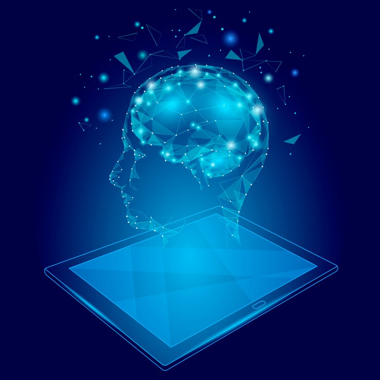 Vector concepto de realidad virtual de baja poli abstracto cerebro tablet pc, poligonal geométrico