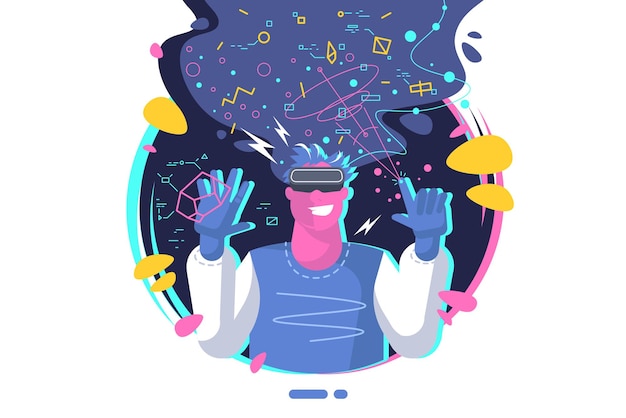 Concepto de realidad virtual. Chico joven con gafas de realidad virtual. Entorno virtual de trabajo, juegos y comunicación.