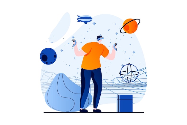 Concepto de realidad virtual con escena de personas en diseño de dibujos animados planos Hombre en gafas VR usando controladores para investigar e interactuar con planetas en simulación Historia visual de ilustración vectorial para web