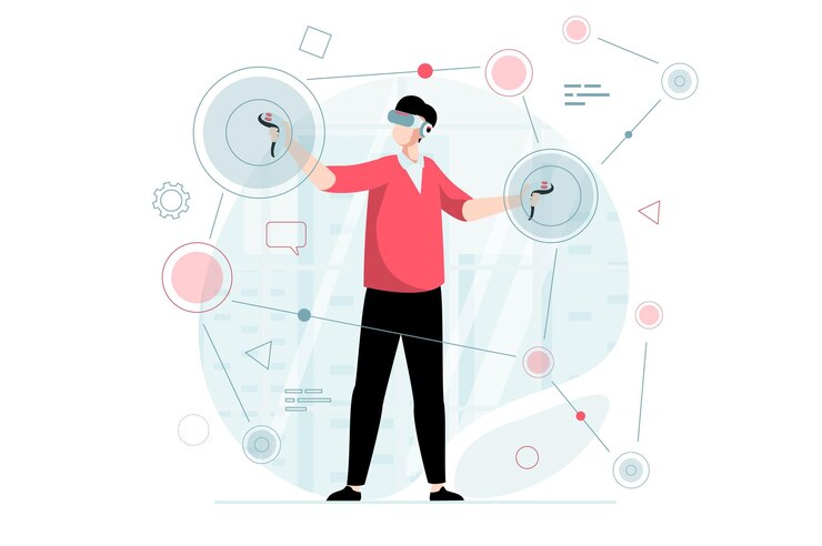 Vector concepto de realidad virtual con escena de personas en diseño plano hombre con gafas vr utiliza controladores para interactuar con objetos en realidad aumentada ilustración vectorial con situación de personaje para web