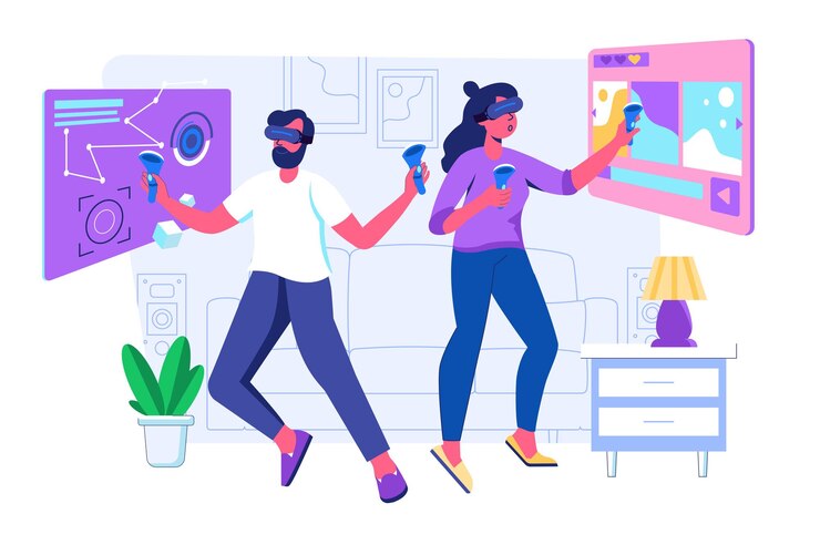 Vector concepto de realidad virtual con escena de personas para web mujer y hombre en gafas vr usando controladores para crear artes o interactuar con paneles de datos ilustración vectorial en diseño de perspectiva plana