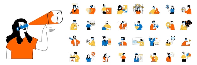 Concepto de realidad virtual con personas situaciones mega establecido en diseño web plano Bundle escenas de aprendizaje trabajando juegos en gafas 3D ilustraciones vectoriales para medios sociales material de marketing de banner