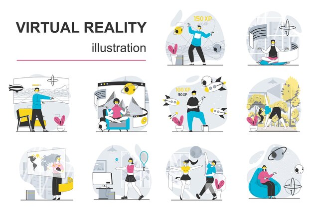 Concepto de realidad virtual con situaciones de personajes mega set ilustraciones vectoriales