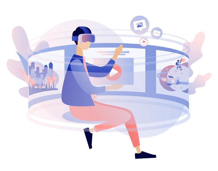 Vector concepto de realidad virtual tiny guy usando gafas de realidad virtual vr cyberspace 360