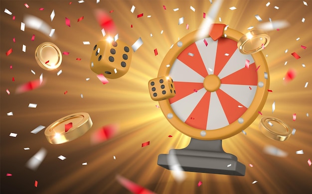 Concepto realista de juego de casino en 3D Rueda de la fortuna dados monedas de oro confeti Concepto de juego vectorial