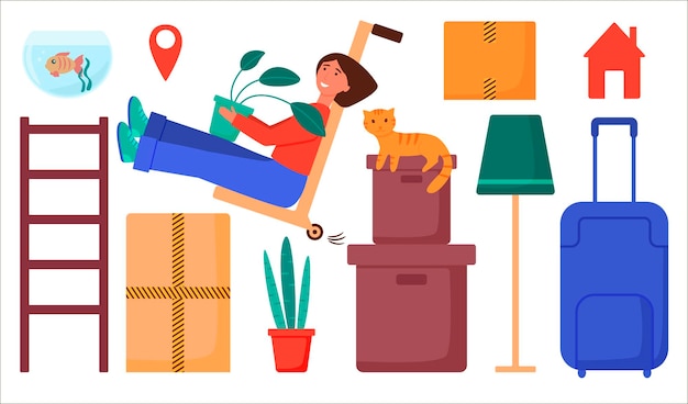 El concepto de reasentamiento. Un conjunto de elementos para la reubicación: cajas, una maleta, un estante, plantas.