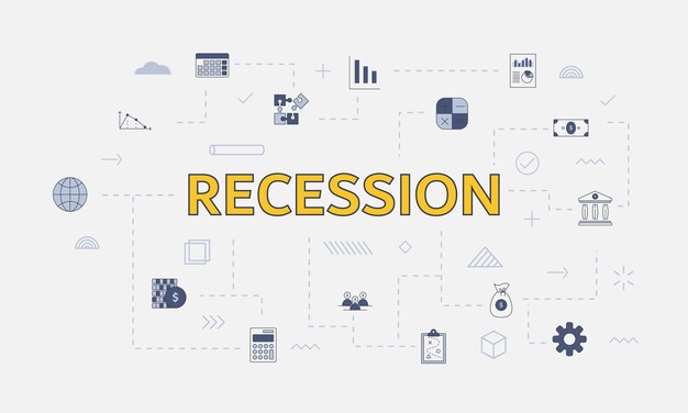 Concepto de recesión empresarial con conjunto de iconos con gran palabra o texto en el centro
