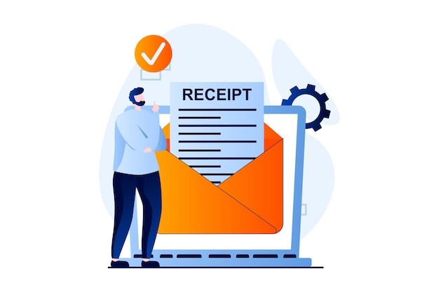 Concepto de recibo electrónico con escena de personas en diseño de dibujos animados planos El hombre recibe correo electrónico con formulario de pago en línea y factura de pago Banca y transferencia de dinero Historia visual de ilustración vectorial para web