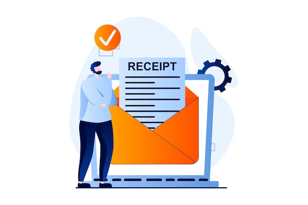 Concepto de recibo electrónico con escena de personas en diseño de dibujos animados planos el hombre recibe correo electrónico con formulario de pago en línea y factura de pago banca y transferencia de dinero historia visual de ilustración vectorial para web