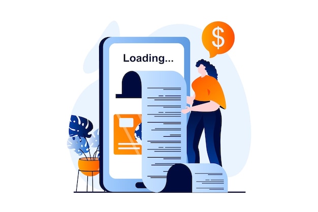 Concepto de recibo electrónico con escena de personas en diseño de dibujos animados planos Mujer recibe cheque digital para pagar servicios o comprar Banca y transferencia de dinero Ilustración vectorial historia visual para web