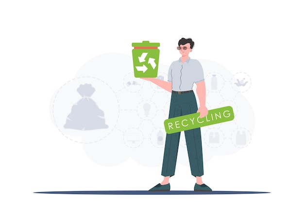 El concepto de reciclaje y cero residuos Hombre elegante sosteniendo una urna en sus manos Ilustración vectorial Estilo plano y moderno