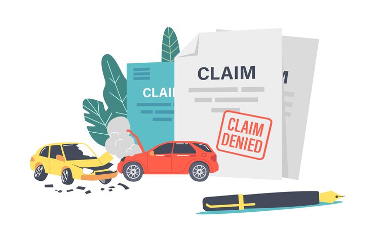 Vector concepto de reclamación denegada. seguro rechazado por accidente automovilístico. papel de póliza de agentes con sello rojo denegado, bolígrafo, documento financiero para obtener dinero para automóviles rotos. ilustración vectorial de dibujos animados