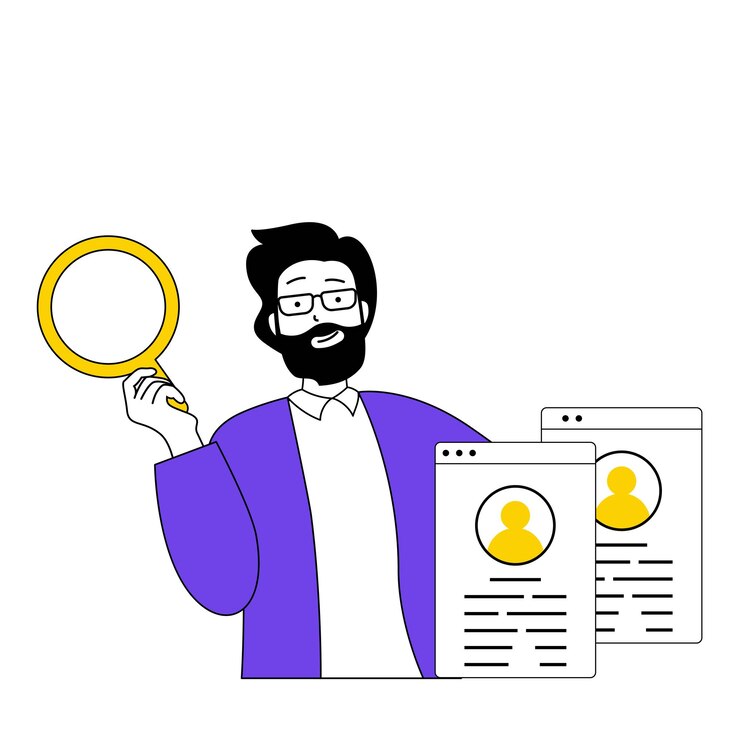 Vector concepto de reclutamiento con gente de dibujos animados en diseño plano para web hombre con lupa buscando empleados en vacantes abiertas en la empresa ilustración vectorial para material de marketing de banner en redes sociales