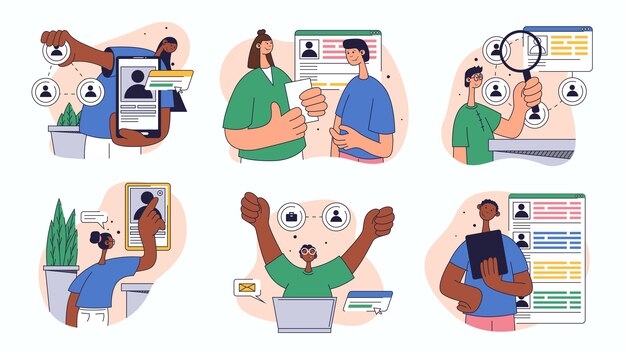 Concepto de reclutamiento en línea establecido para el diseño web Colección con personas que buscan la mejor entrevista de CV candidato contratación de empleados en el personal más Ilustración vectorial plana aislada en fondo blanco