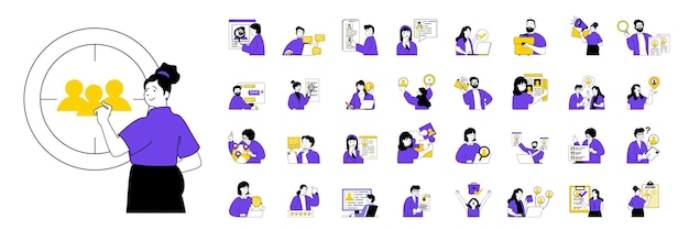 Concepto de reclutamiento con personas situaciones mega conjunto en diseño web plano escenas de paquetes de recursos humanos y revisión de candidatos a trabajos ilustraciones vectoriales para material de marketing de banners de redes sociales