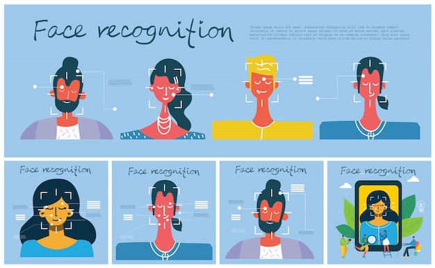 Concepto de reconocimiento facial. face id, sistema de reconocimiento facial con sistema de aprendizaje intelectual.
