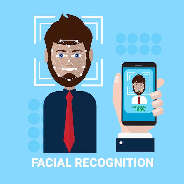 Concepto de reconocimiento facial de la mano que sostiene la exploración de Smartphone de la biometría de rostro masculino