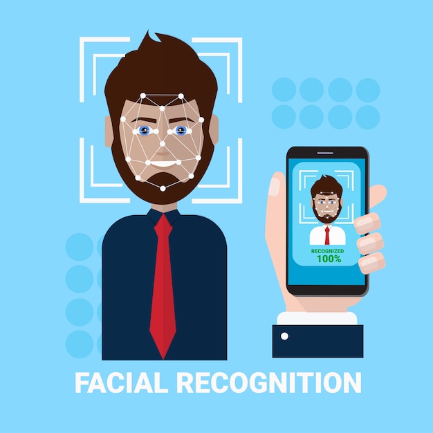 Concepto de reconocimiento facial de la mano que sostiene la exploración de smartphone de la biometría de rostro masculino