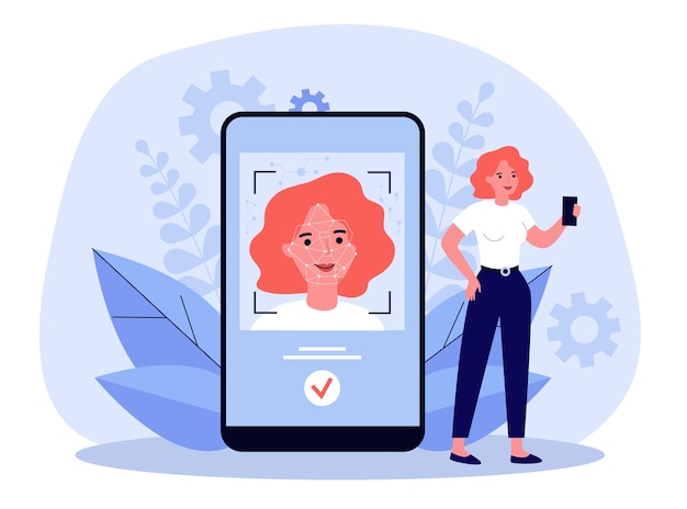 Concepto de reconocimiento facial. mujer con smartphone después de la autenticación de identificación. ilustración para temas de tecnología inteligente, protección de datos, reconocimiento biométrico