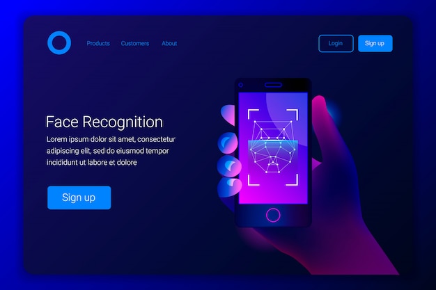 Concepto de reconocimiento facial. Tecnologías de alta tecnología. La mano sostiene un teléfono inteligente en la pantalla de la aplicación de detección de rostros. Plantilla de página de destino. Estilo de moda. ilustración.