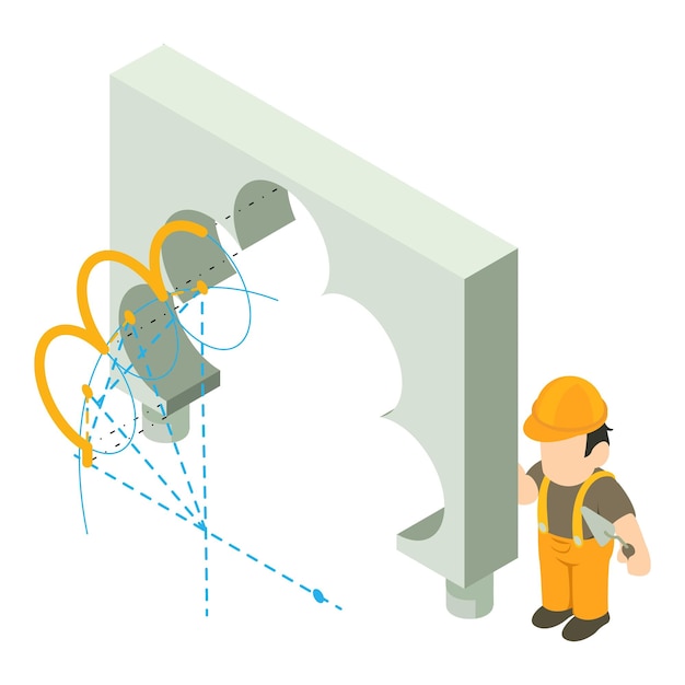 Vector concepto de reconstrucción icono vector isométrico hombre constructor con paleta cerca de arco rizado proyecto de arco reparación de construcción