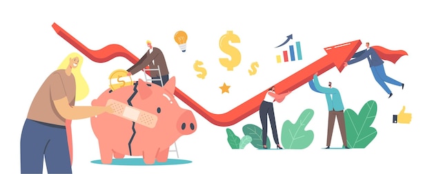 Concepto de recuperación económica. Los personajes de la gente de negocios trabajan juntos Gráfico de flecha ascendente Intenta sobrevivir durante la crisis global. Parche de palo de empresaria en la hucha rota. Ilustración vectorial de dibujos animados