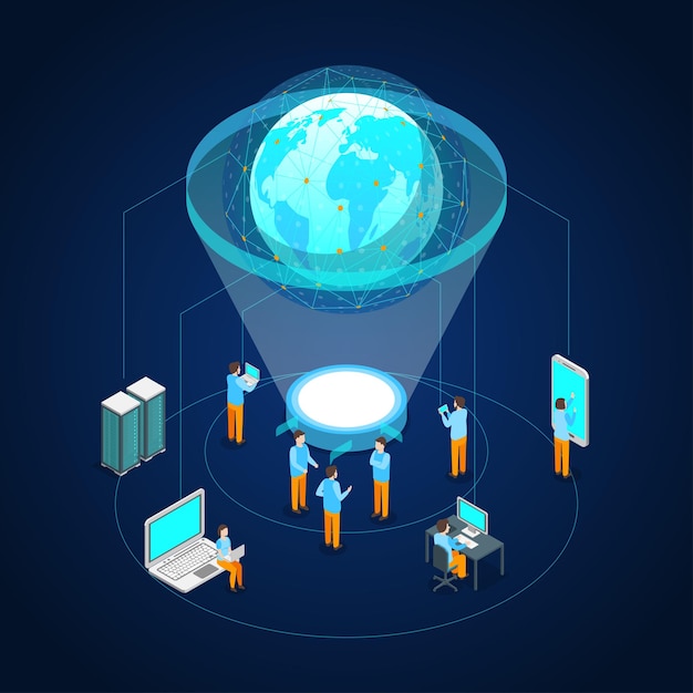 Concepto de red de Internet de comunicación global Vista isométrica 3d Incluir de Esfera Tierra Personas Espacio de datos e Ilustración de vector de computadora