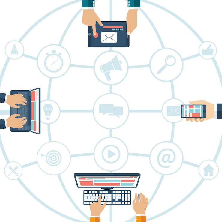 Vector concepto de red de medios sociales personas con una computadora portátil tableta teléfono en red social estilo de diseño plano de ilustración vectorial conjunto de iconos seo marketing digital