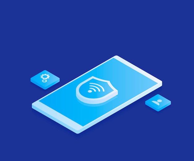 Concepto de red segura inalámbrica. IOT sincronización y conexión en línea a través de tecnología inalámbrica para teléfonos inteligentes. Ilustración moderna en estilo isométrico.