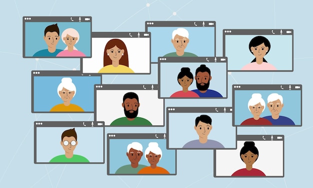 Concepto de red social. Comunicación por Internet. Videoconferencia, trabajo desde casa, distanciamiento social, discusión de negocios, amistad en línea, amor en línea. Ilustración vectorial plana